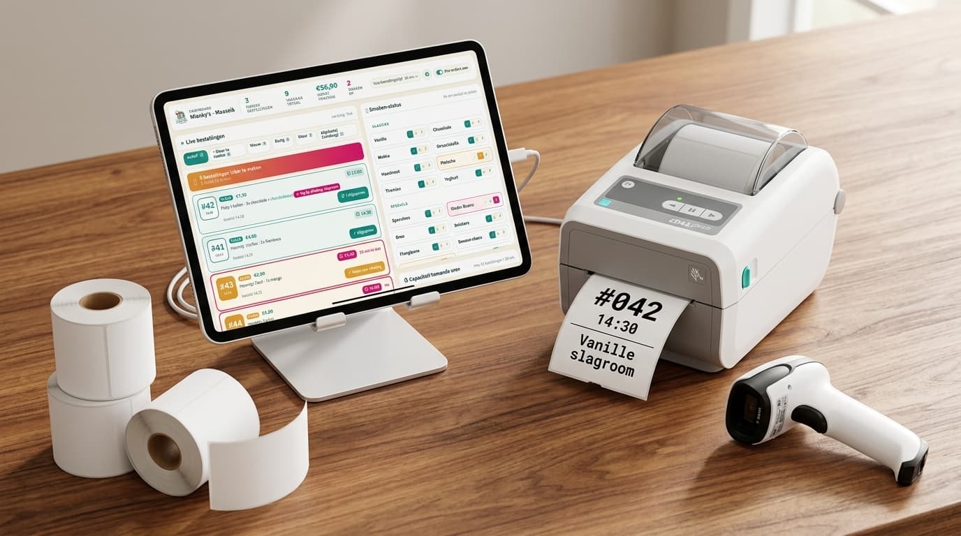 Het Klaarstaat-pakket — tablet met Mienky's dashboard, Zebra ZD420 etiketprinter, scanner en plakker-rollen op een houten toonbank.