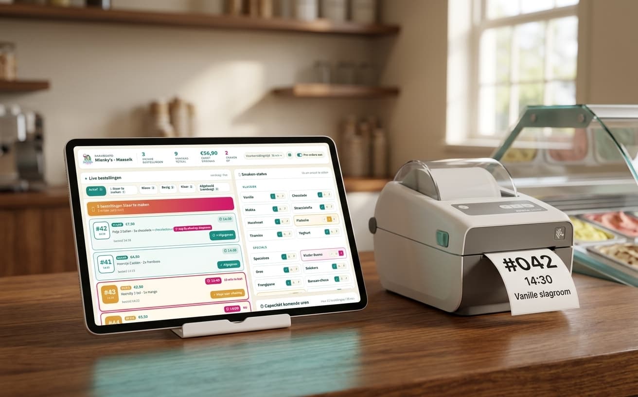 Tablet met Mienky's pre-order-dashboard naast een Zebra ZD420 etiketprinter op een houten toonbank — een plakker rolt uit met '#042 / 14:30 / Vanille slagroom'.