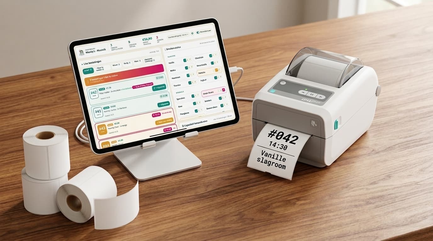 Bonprinter op een houten toonbank naast een tablet met het Klaarstaat-bestelscherm — een plakker rolt uit met ordernummer, tijd en items.